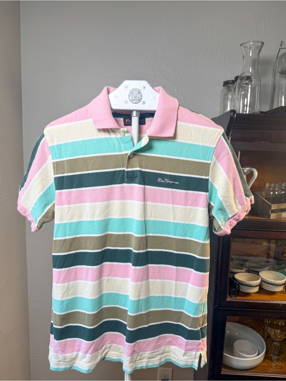 Ben Sherman Striped Polo Shirt Pink Aqua Olive Cotton Short Sleeve Size 2 M